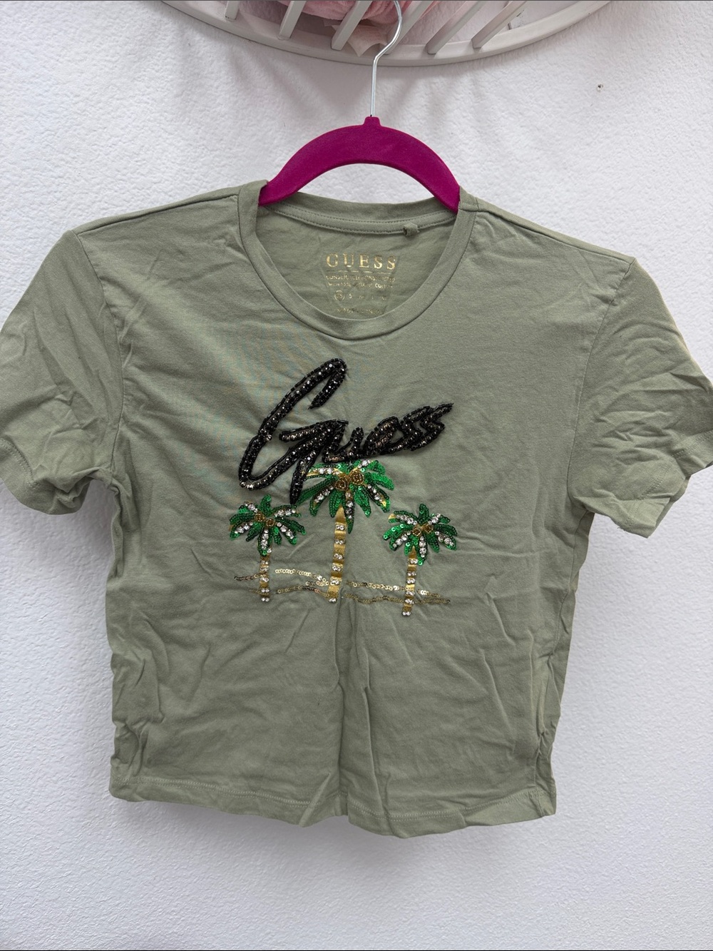 Guess Olive Green Sequin Palm Logo Tee